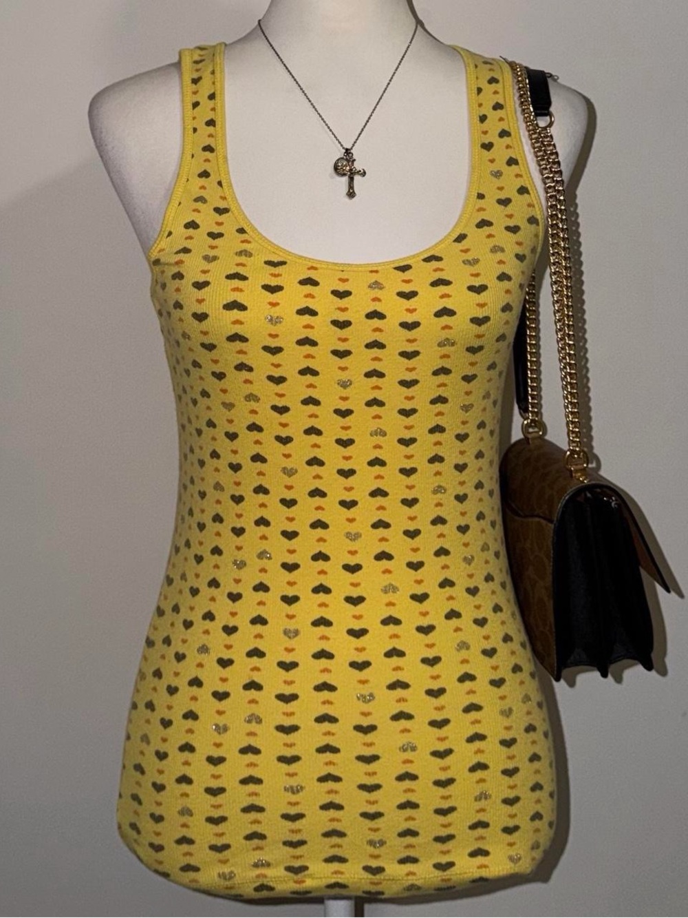 2000s vintage style whimsical fairycore yellow polka dot like pattern heart tank